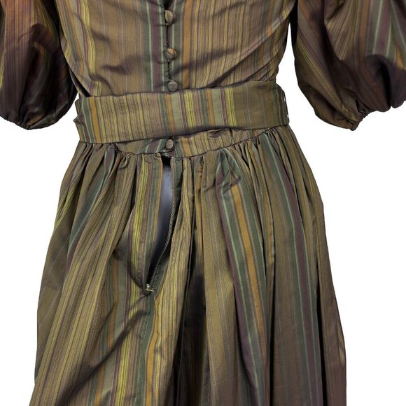 ALBERT NIPON VTG 70's Balloon Sleeves Chocolat Brown Green Taffeta Tent Dress S - Picture 9 of 12
